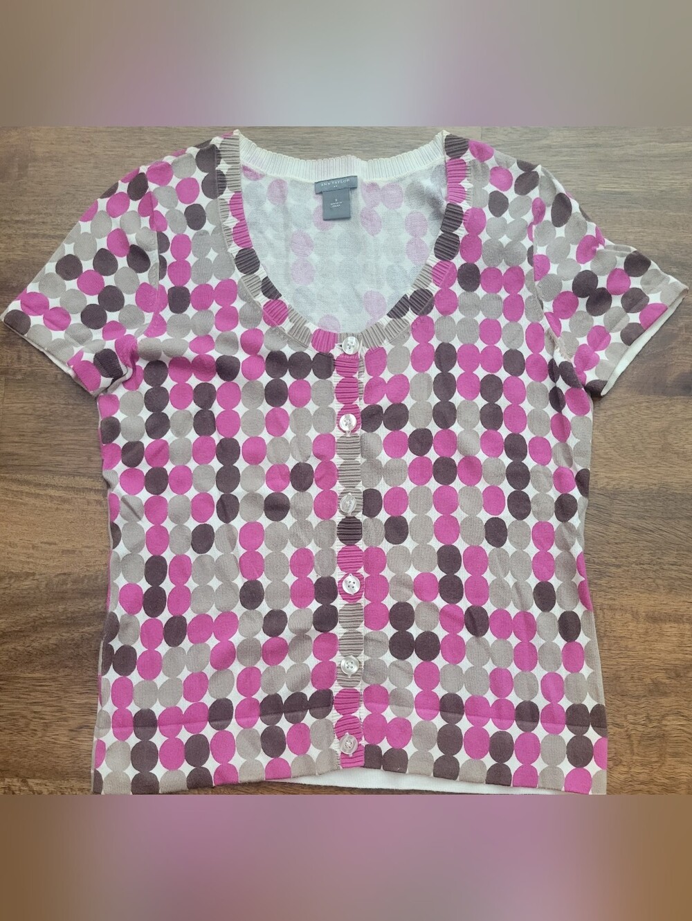 Ann Taylor Beige and Pink Polka Dot Knit Top
